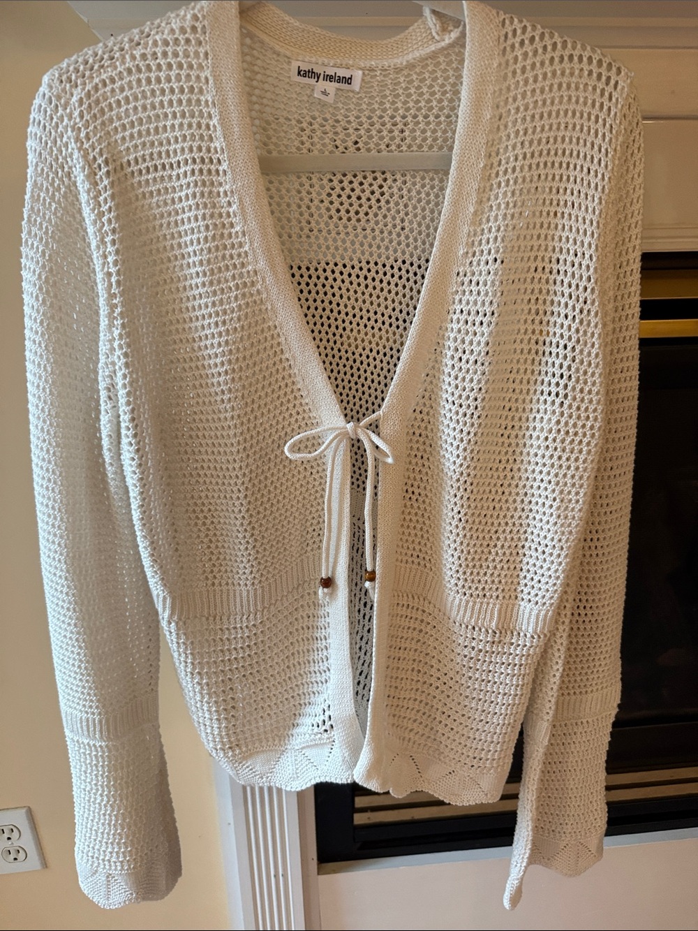 kathy ireland Cream Open-Weave Tie-Front Cardigan crochet boho